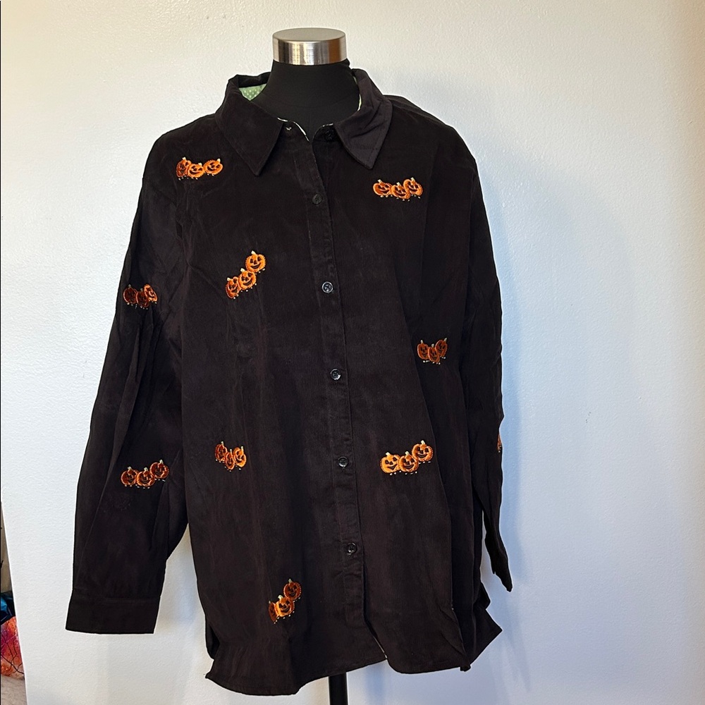 Quacker Factory Black Button Down Shirt with Orange Embroidery